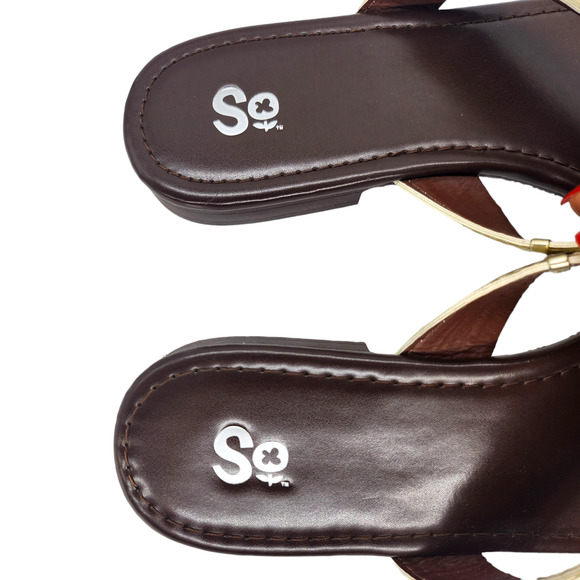 SO Sandals Womens 8 Gold Brown Strappy Summer Rubber Comfy Dressy Thong Flat - Picture 7 of 11